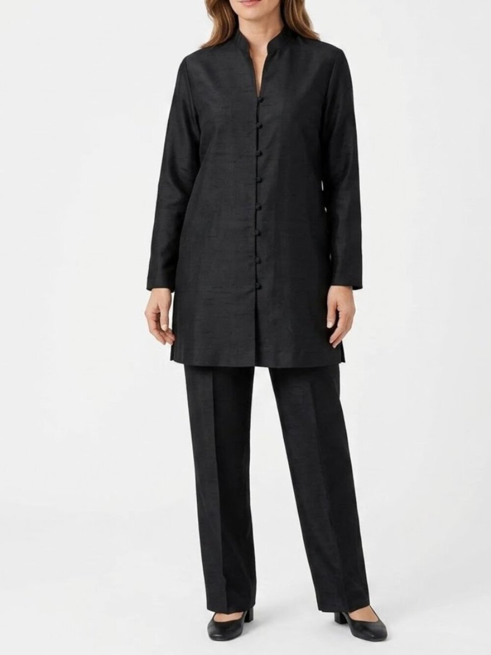 Malia Vintage Black 100% Tussah Silk Tunic Pant Set Mandarin Collar Size 10